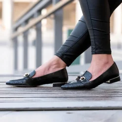 Mulher Exe Shoes Calçados Baixos*Mocassim Com Corrente Em Dourado Verona-171 Em Preto Croco