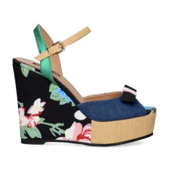 Mulher Exe Shoes Cunhas*Naomi-011 Cunha Impressa De Flor Azul